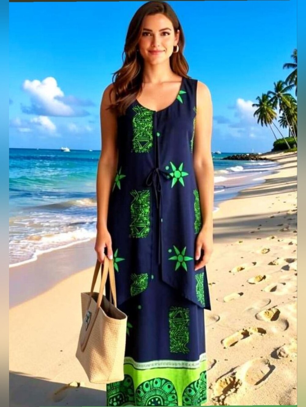 Beach Sunny Sleeveless Navy Maxi Dress with Neon Green Print